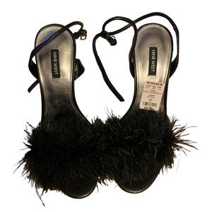 Nine West Feather Strappy Flirty Heels Black with Black Feathers Size 10 New